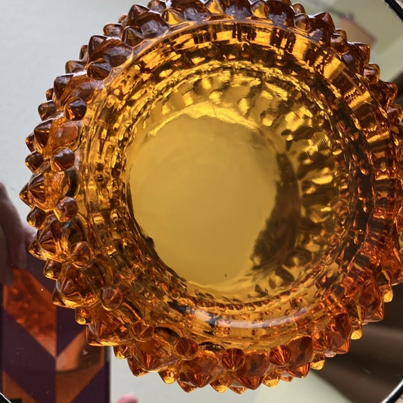 VINTAGE FENTON 5” AMBER ORANGE GLASS HOBNAIL AND RUFFLE TOP ASHTRAY- no decal - Picture 7 of 14